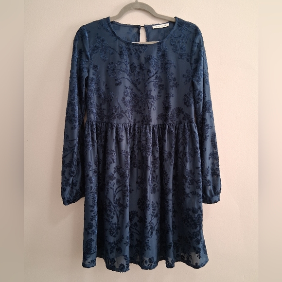 City Vibe Velvet Burnout Floral Long Sleeve Baby Doll Dress Lined Size Medium - Picture 1 of 8